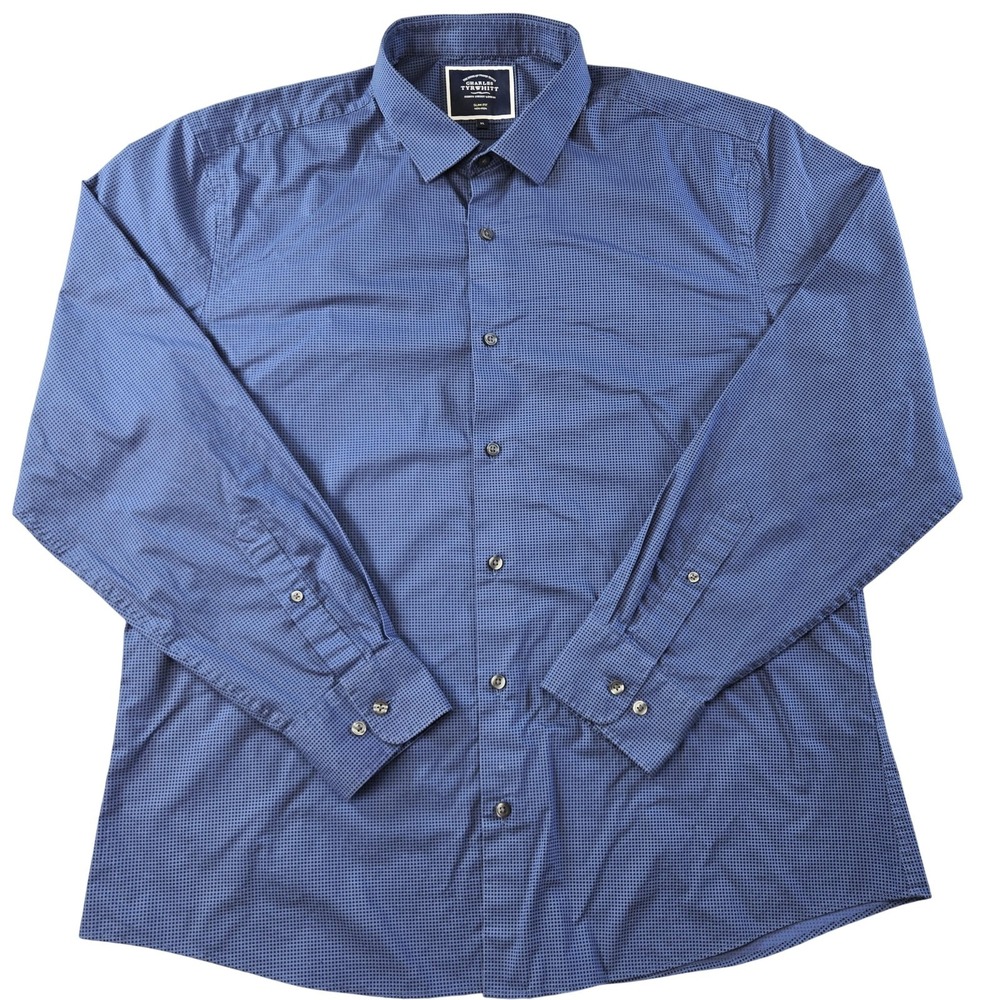 Charles Tyrwhitt Shirt Mens XL Blue Check Slim Fit Non-Iron Point Collar
